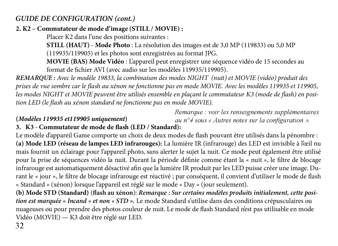 Bushnell 119833 manual Modèles 119935 et119905 uniquement, K3 Commutateur de mode de flash LED / Standard 