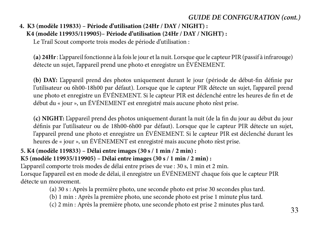 Bushnell 119935, 119905 manual K3 modèle 119833 Période d’utilisation 24Hr / DAY / Night 