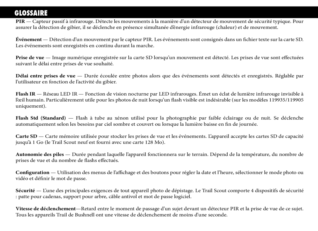 Bushnell 119935, 119833, 119905 manual Glossaire 