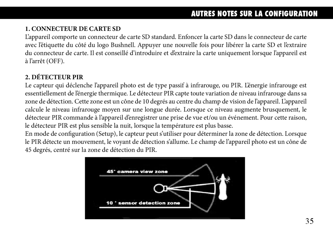 Bushnell 119905, 119833, 119935 manual Autres Notes SUR LA Configuration, Connecteur DE Carte SD, Détecteur PIR 