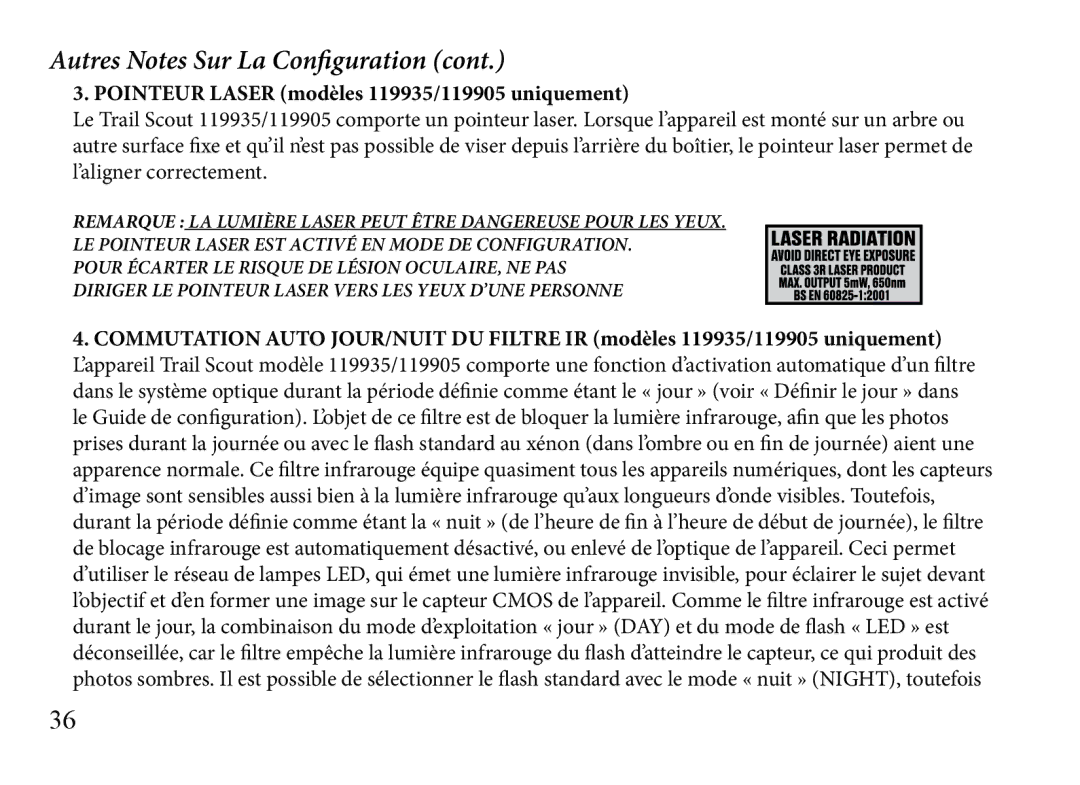 Bushnell 119833 manual Autres Notes Sur La Configuration, Pointeur Laser modèles 119935/119905 uniquement 