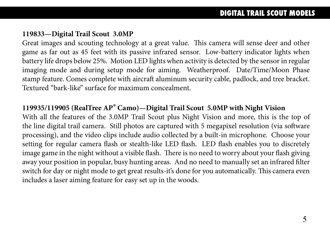 Bushnell 119905, 119833, 119935 manual Digital Trail Scout Models, Digital Trail Scout 3.0MP 