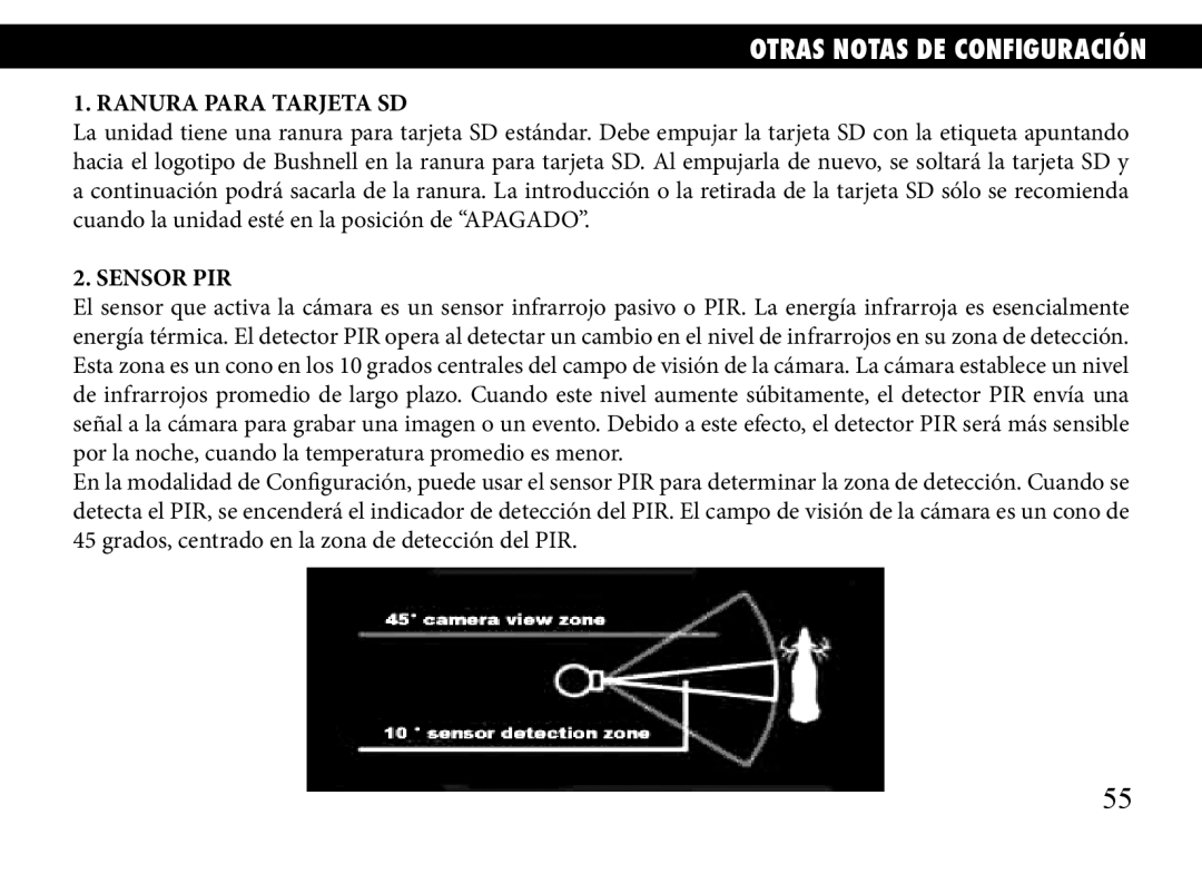 Bushnell 119935, 119833, 119905 manual Otras Notas DE Configuración, Ranura Para Tarjeta SD, Sensor PIR 