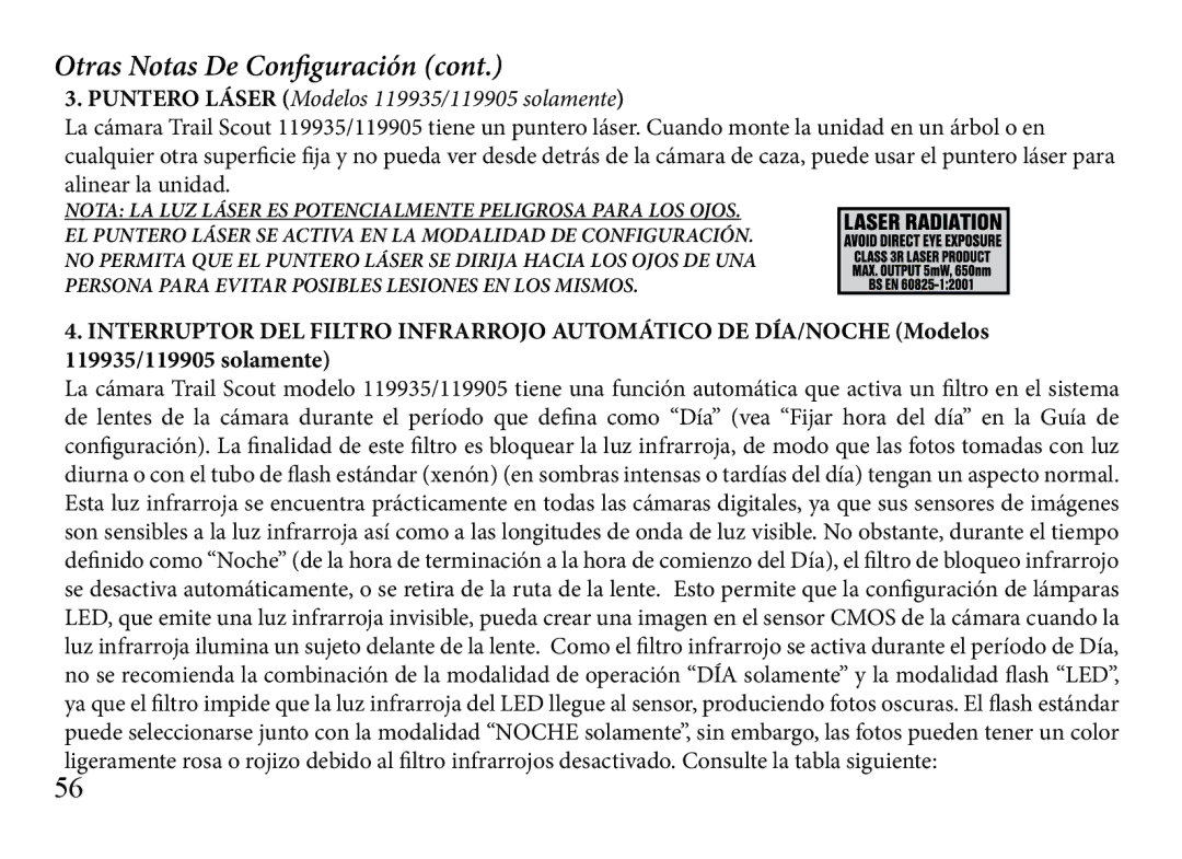 Bushnell 119833 manual Otras Notas De Configuración, Puntero Láser Modelos 119935/119905 solamente 