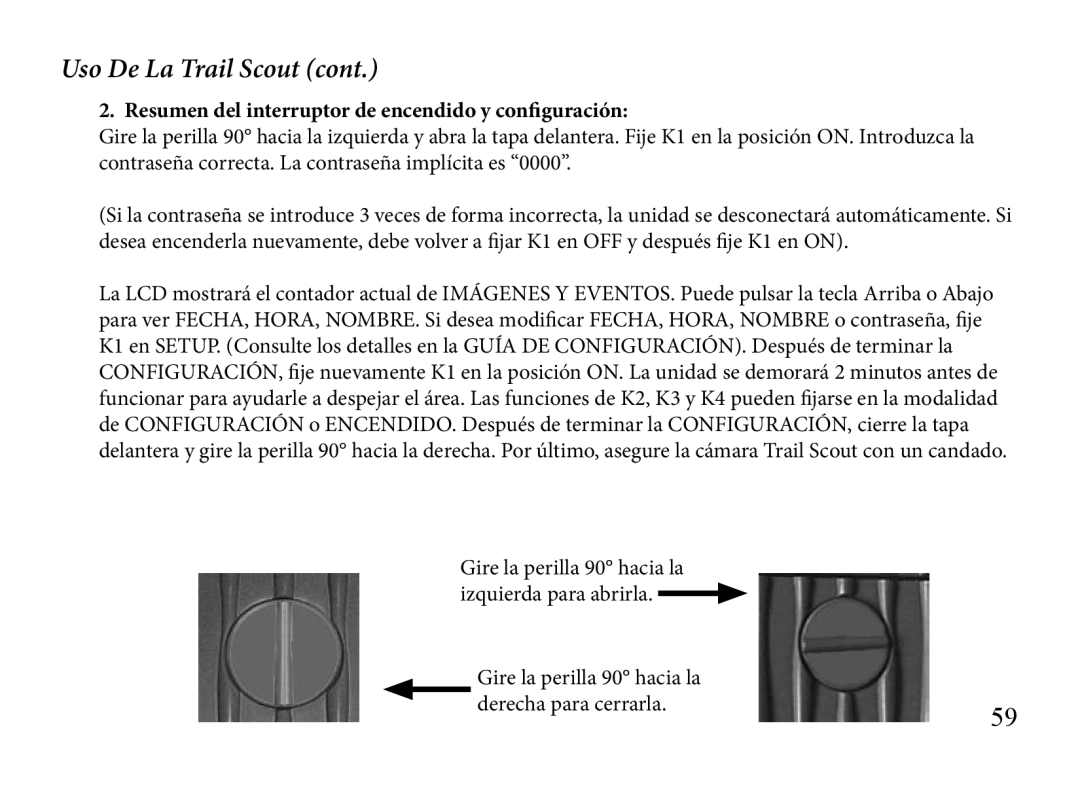 Bushnell 119905, 119833, 119935 manual Uso De La Trail Scout, Resumen del interruptor de encendido y configuración 