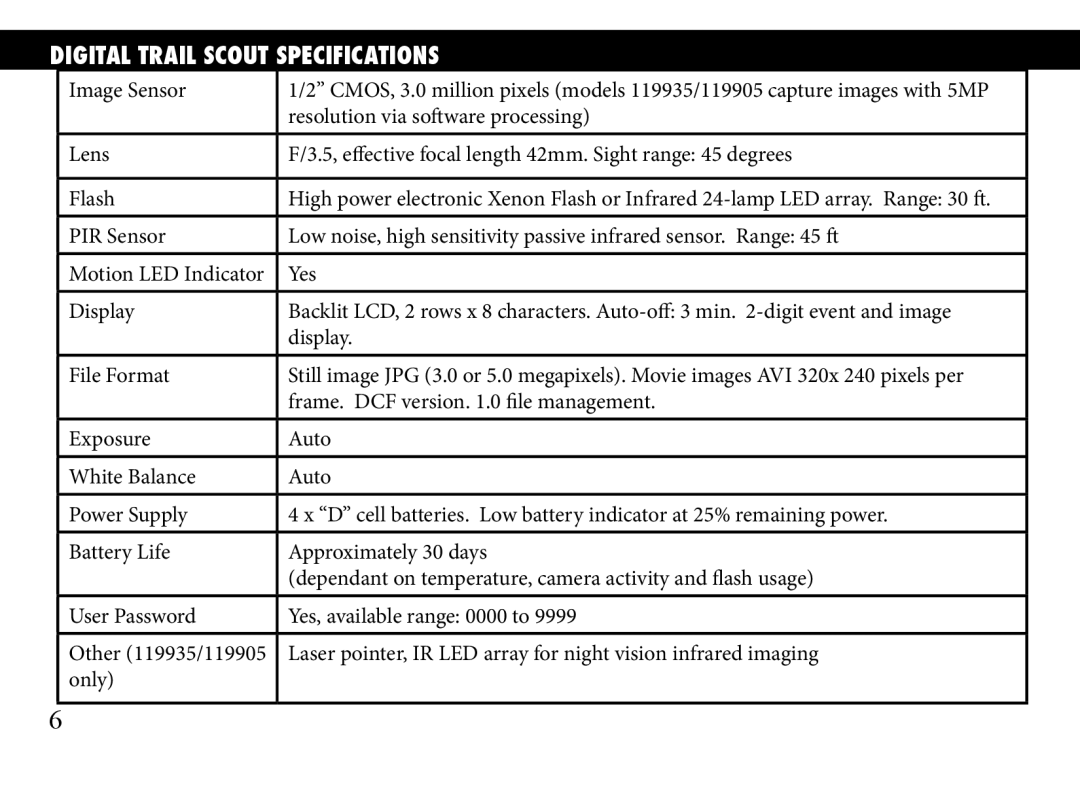 Bushnell 119833, 119935, 119905 manual Digital Trail Scout Specifications 