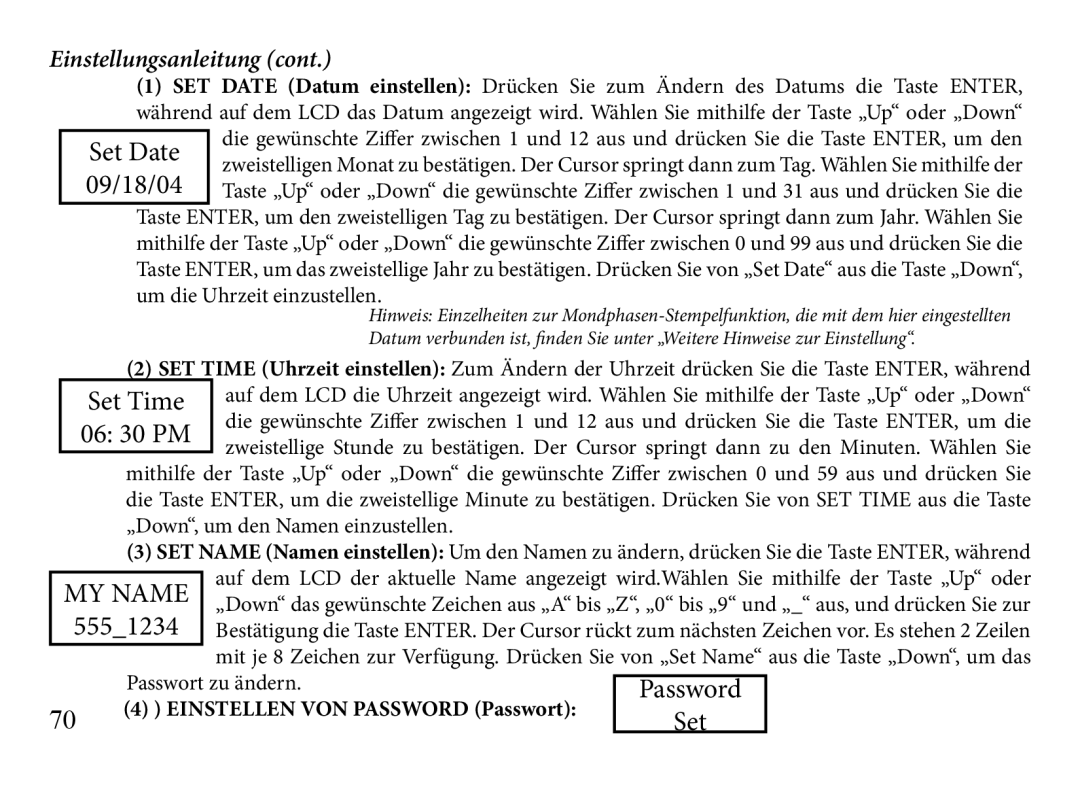 Bushnell 119935, 119833, 119905 manual Set Date, 09/18/04, Einstellen von Password Passwort 