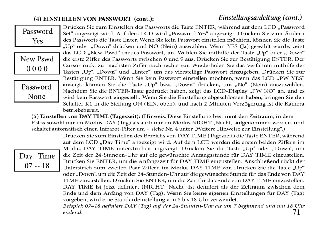 Bushnell 119905, 119833, 119935 manual Password Yes New Pswd None, Einstellen von Passwort 