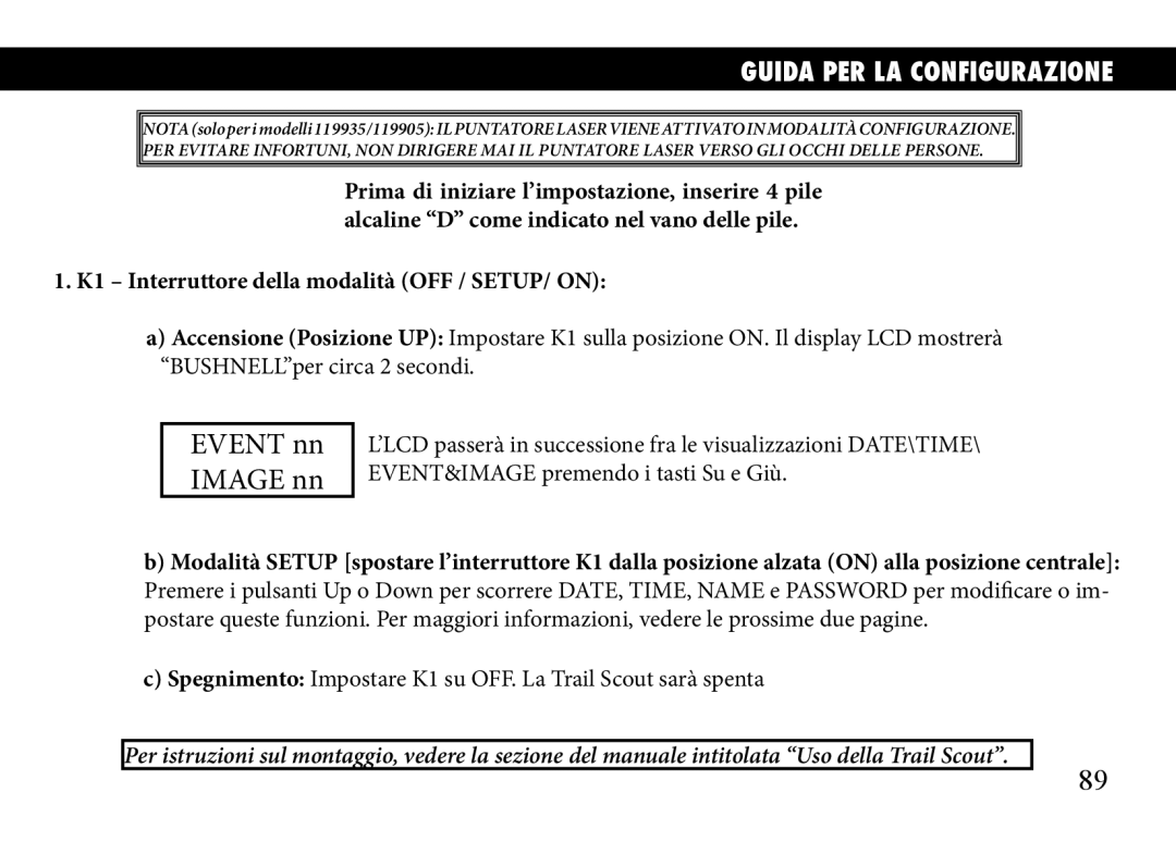 Bushnell 119905, 119833, 119935 manual Guida PER LA Configurazione, K1 Interruttore della modalità OFF / SETUP/ on 