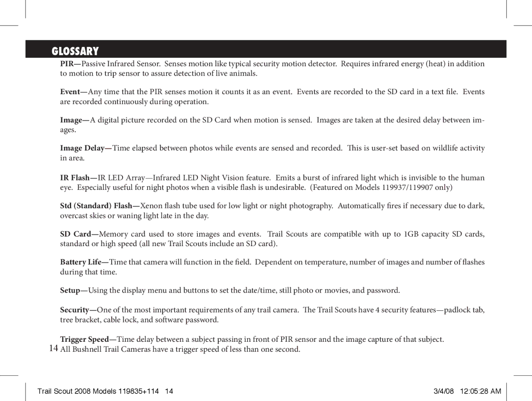 Bushnell 119907, 119937, 119835 manual Glossary 