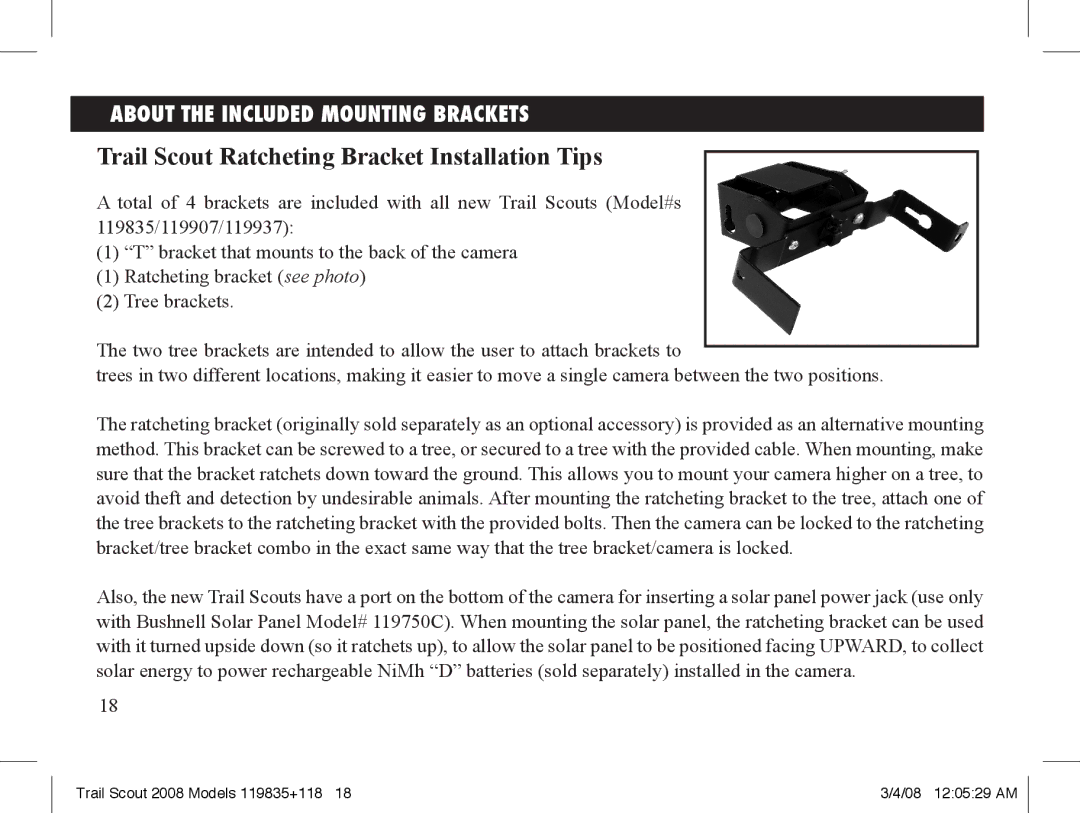 Bushnell 119937, 119835, 119907 manual Trail Scout Ratcheting Bracket Installation Tips 