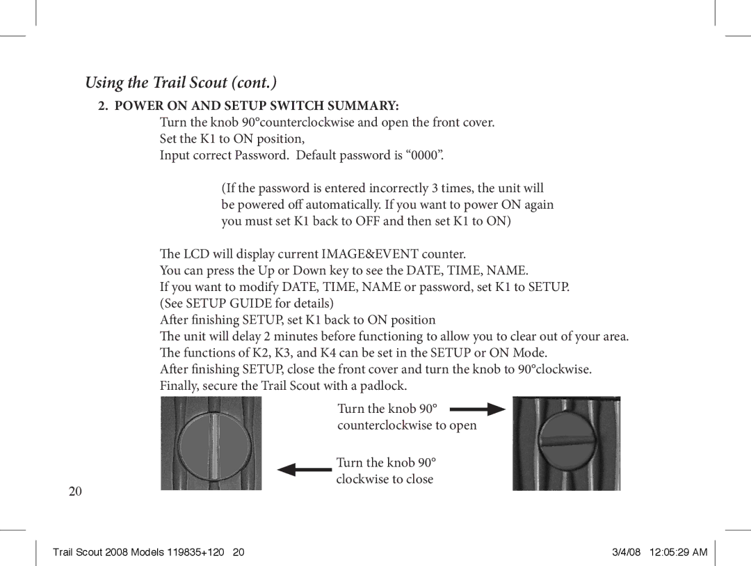 Bushnell 119907, 119937, 119835 manual Using the Trail Scout, Power on and Setup Switch Summary 