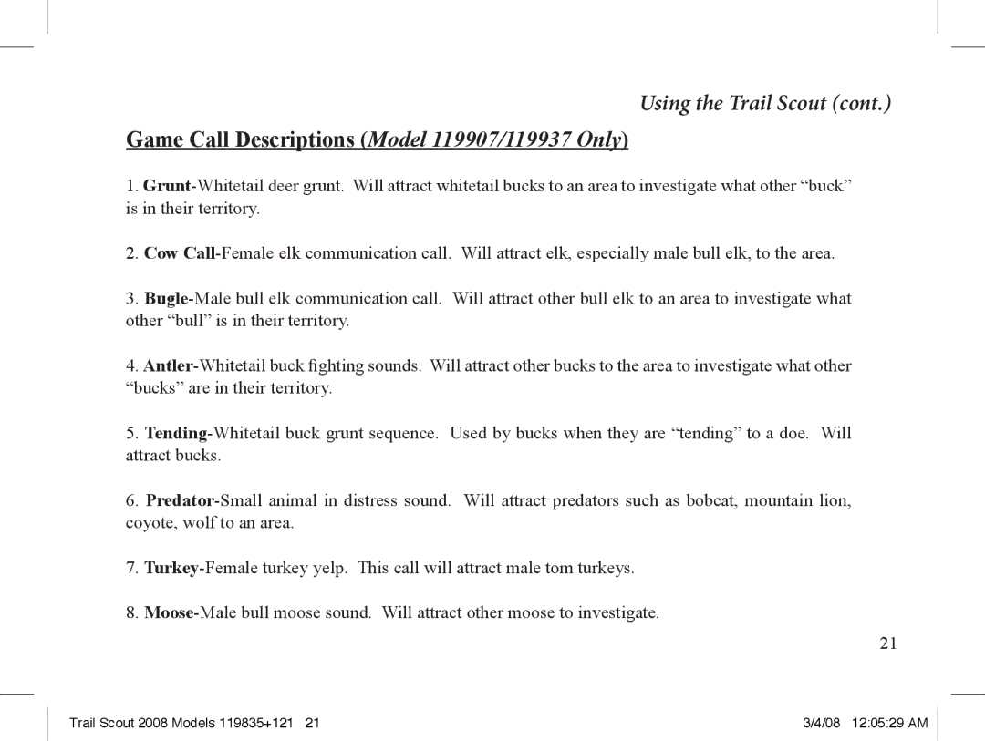 Bushnell 119835 manual Game Call Descriptions Model 119907/119937 Only 