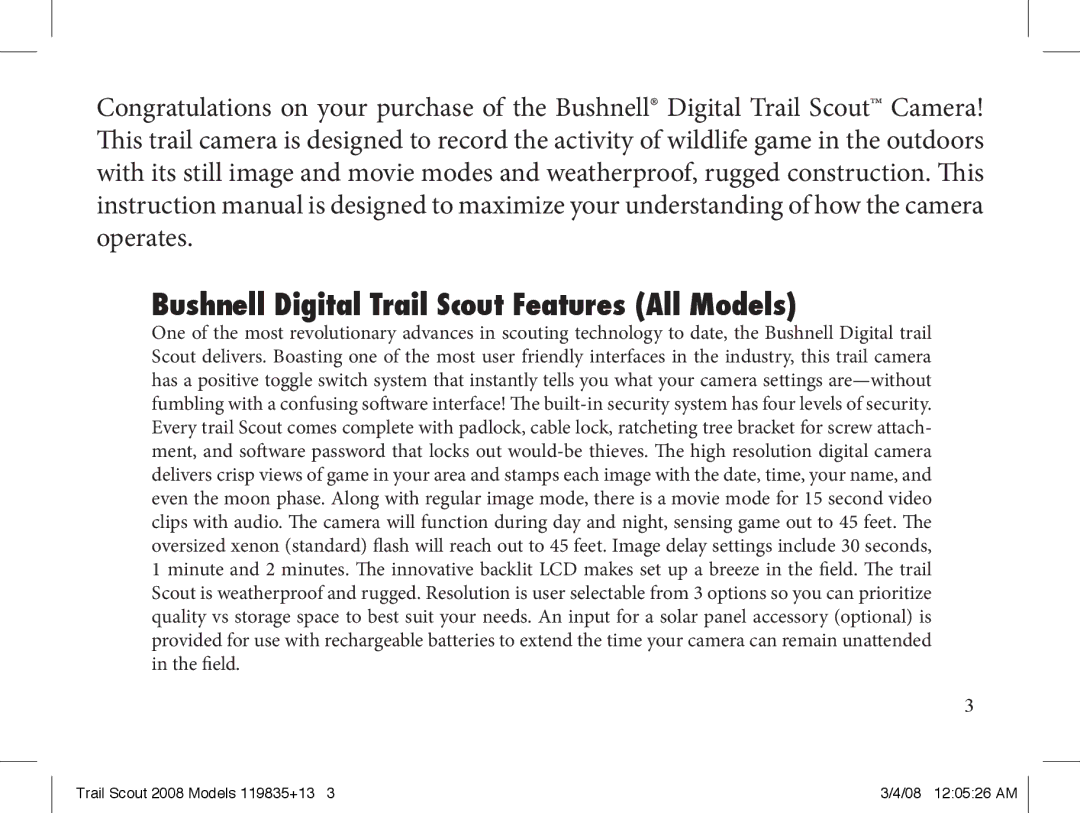 Bushnell 119937, 119835, 119907 manual Bushnell Digital Trail Scout Features All Models 