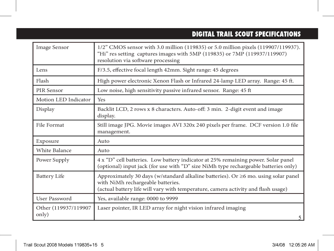 Bushnell 119907, 119937, 119835 manual Digital Trail Scout Specifications 