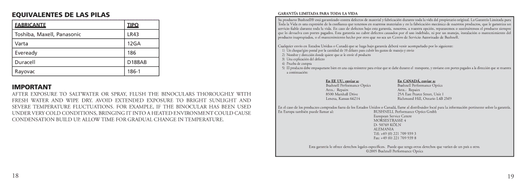 Bushnell 13-7500 instruction manual Equivalentes DE LAS Pilas, Fabricante Tipo, Garantía Limitada Para Toda LA Vida 