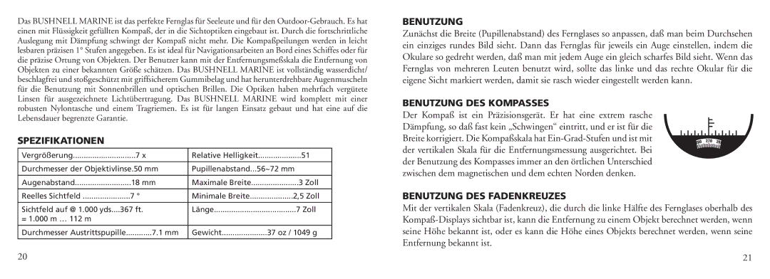 Bushnell 13-7500 instruction manual Spezifikationen, Benutzung DES Kompasses, Benutzung DES Fadenkreuzes 