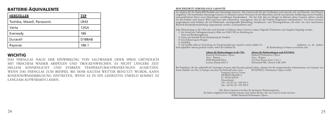 Bushnell 13-7500 instruction manual Batterie-Äquivalente, Wichtig, Hersteller TYP, Beschränkte Lebenslange Garantie 
