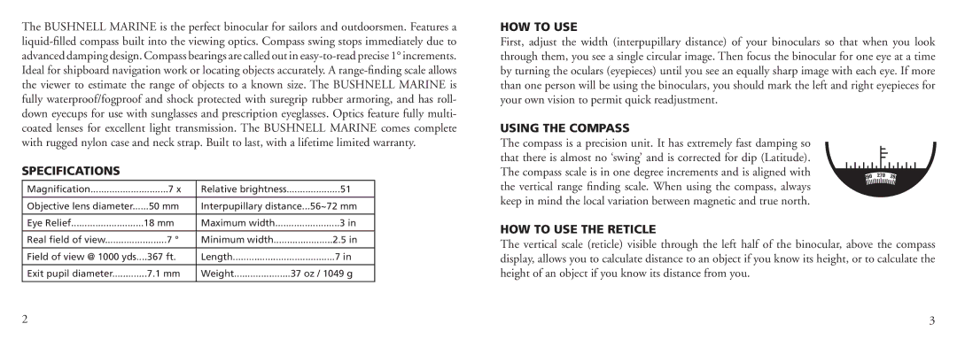 Bushnell 13-7500 instruction manual Specifications, Using the Compass, HOW to USE the Reticle 