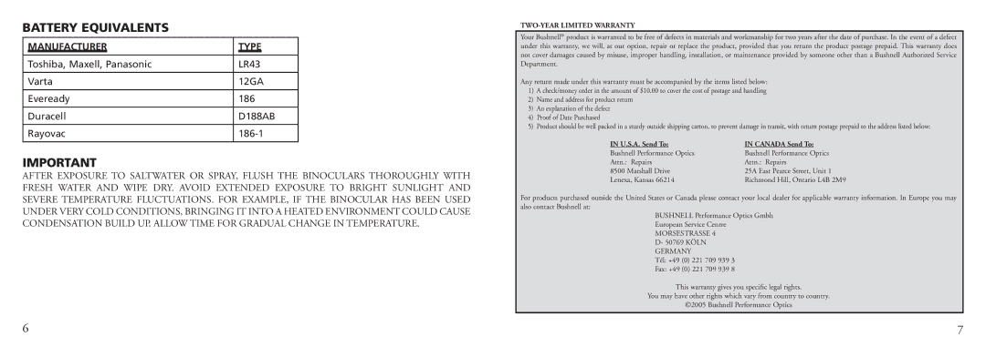 Bushnell 13-7500 Battery Equivalents, Manufacturer Type, TWO-YEAR Limited Warranty, U.S.A. Send To Canada Send To 