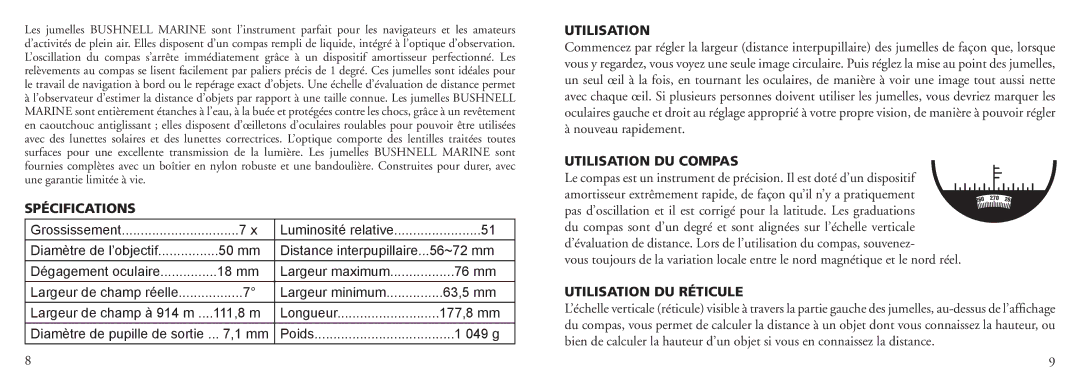 Bushnell 13-7500 instruction manual Spécifications, Utilisation DU Compas, Utilisation DU Réticule 