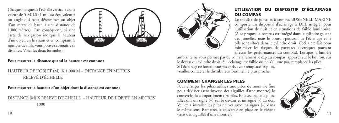 Bushnell 13-7500 instruction manual Utilisation DU Dispositif D’ÉCLAIRAGE DU Compas, Comment Changer LES Piles 