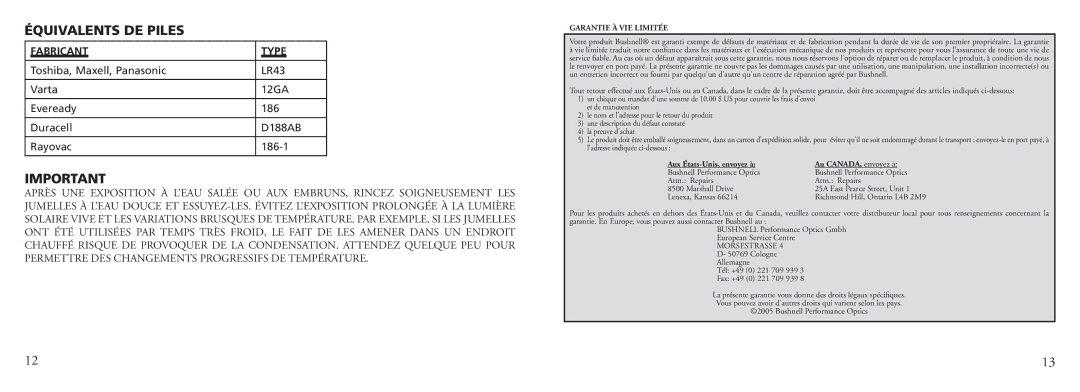 Bushnell 13-7500 instruction manual Équivalents DE Piles, Fabricant Type, Garantie À VIE Limitée 