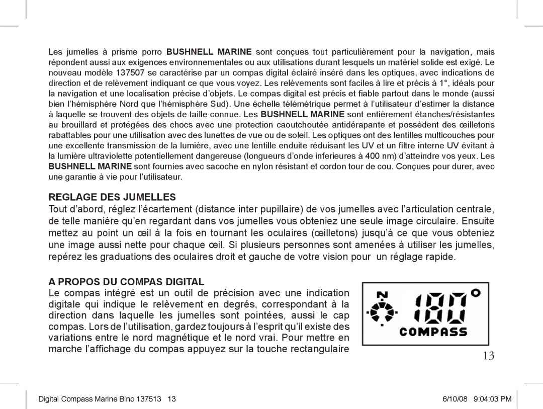 Bushnell 13-7507 instruction manual Reglage DES Jumelles, Propos DU Compas Digital 