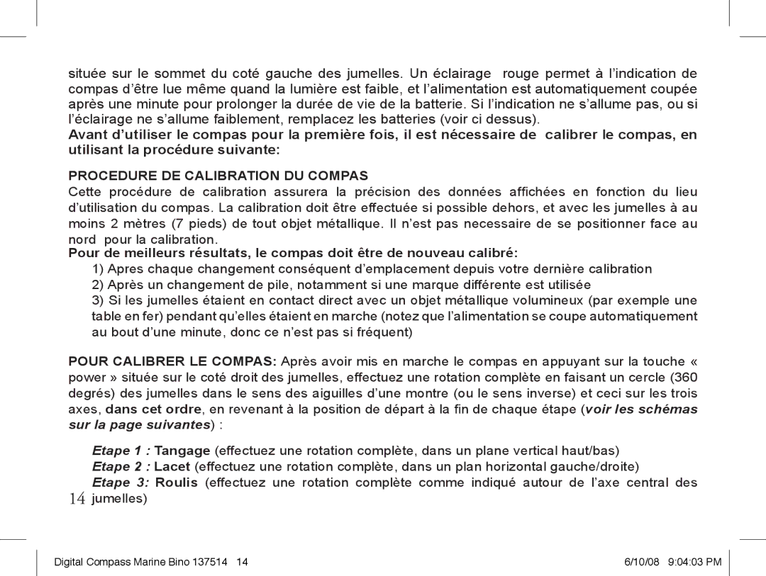 Bushnell 13-7507 instruction manual Procedure DE Calibration DU Compas 