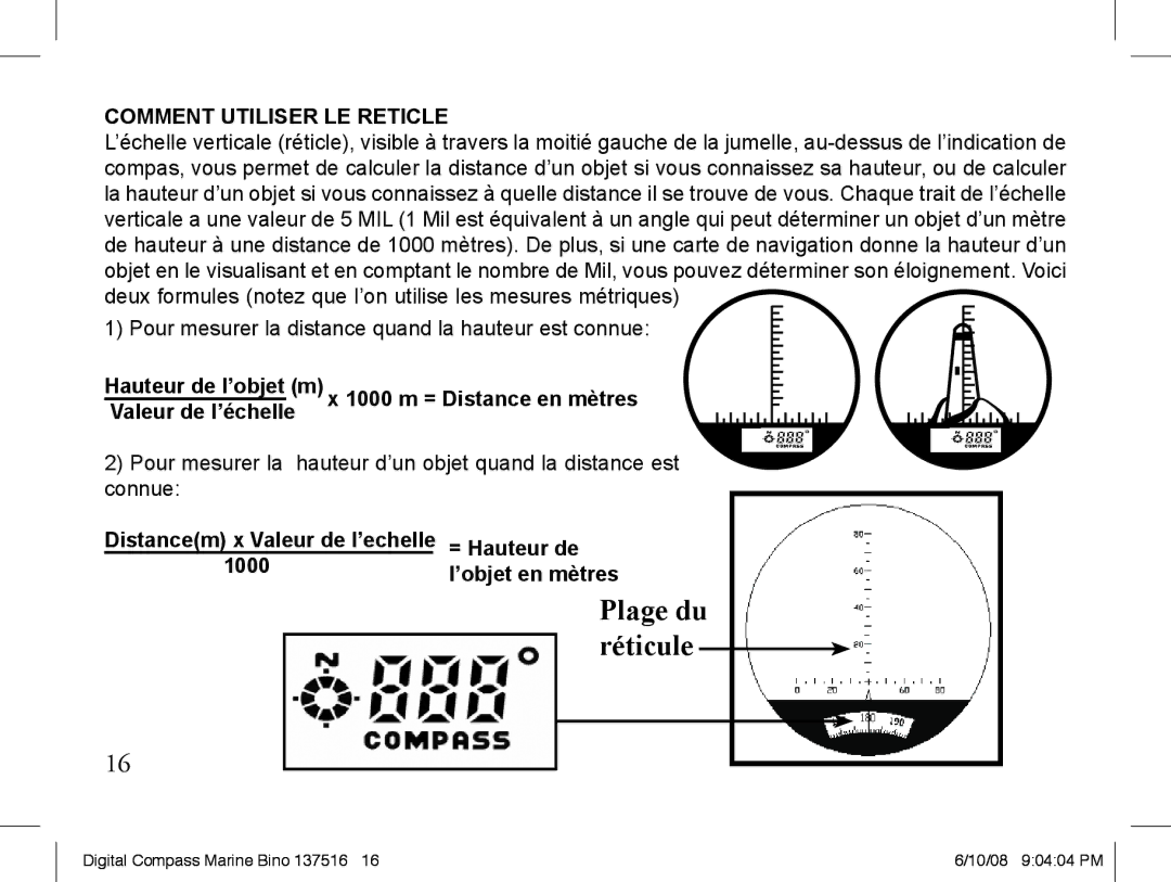 Bushnell 13-7507 instruction manual Plage du, Réticule, Comment Utiliser LE Reticle, = Hauteur de, 1000 ’objet en mètres 