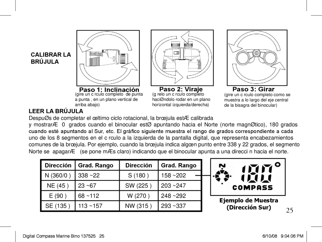 Bushnell 13-7507 instruction manual Calibrar LA Brújula, Leer LA Brújula 