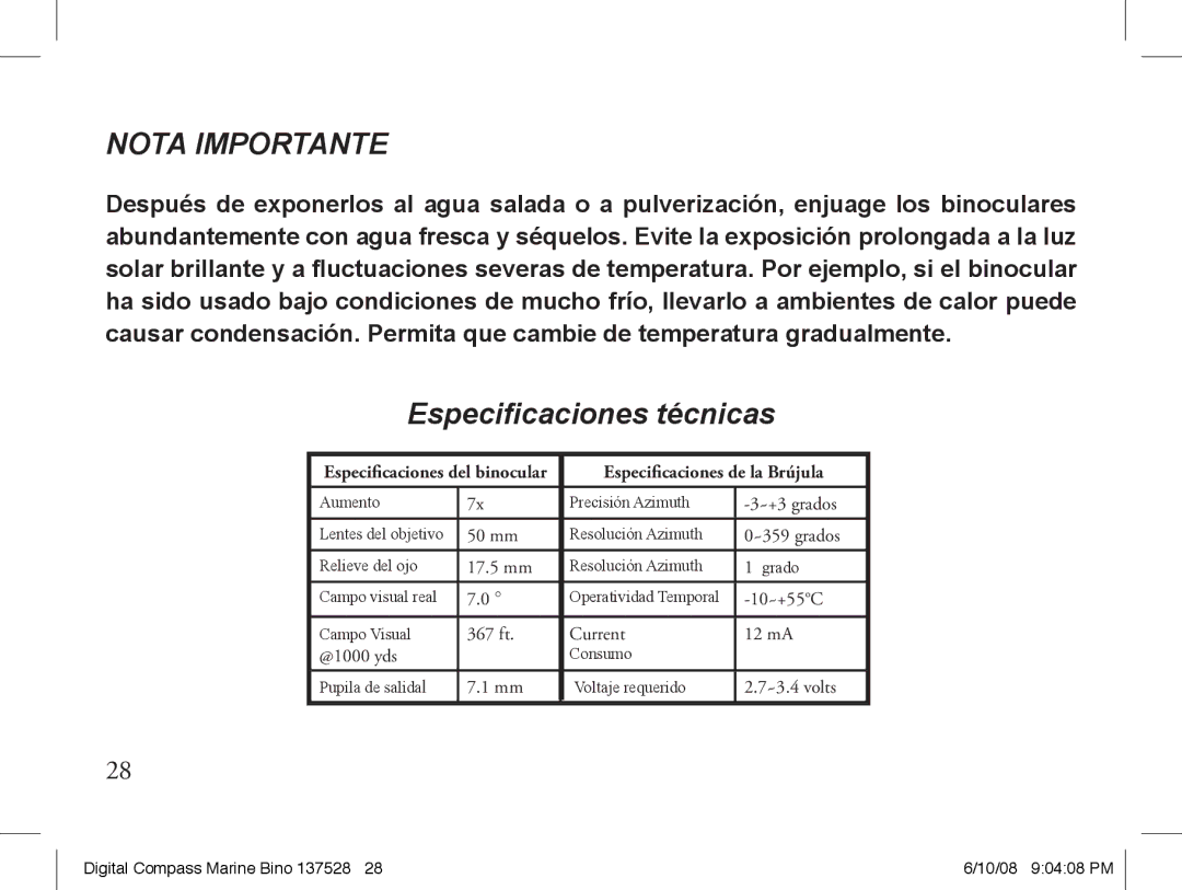 Bushnell 13-7507 instruction manual Del binocular, De la Brújula 