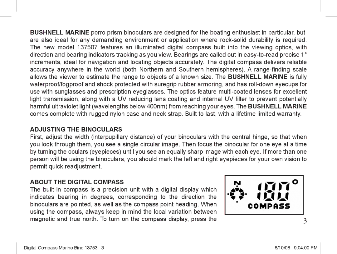 Bushnell 13-7507 instruction manual Adjusting the Binoculars, About the Digital Compass 