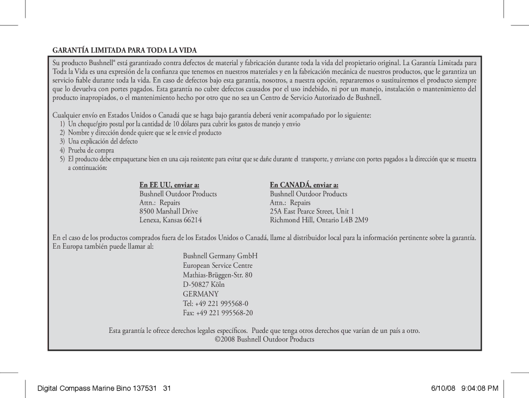 Bushnell 13-7507 instruction manual Garantía Limitada Para Toda LA Vida, En EE UU, enviar a En CANADÁ, enviar a 