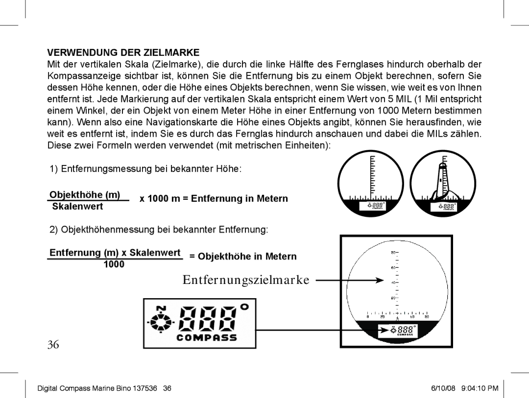 Bushnell 13-7507 instruction manual Entfernungszielmarke, Verwendung DER Zielmarke, Objekthöhe m, Skalenwert 