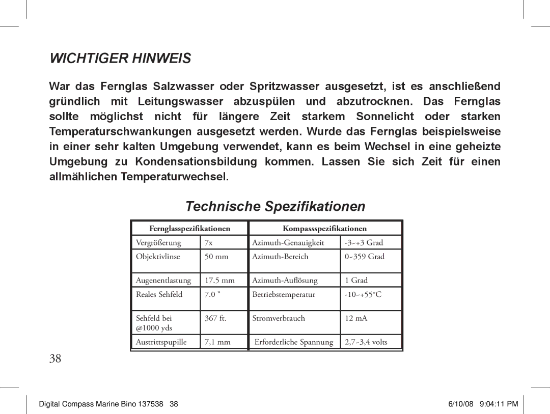 Bushnell 13-7507 instruction manual Wichtiger Hinweis, Fernglasspezifikationen Kompassspezifikationen 