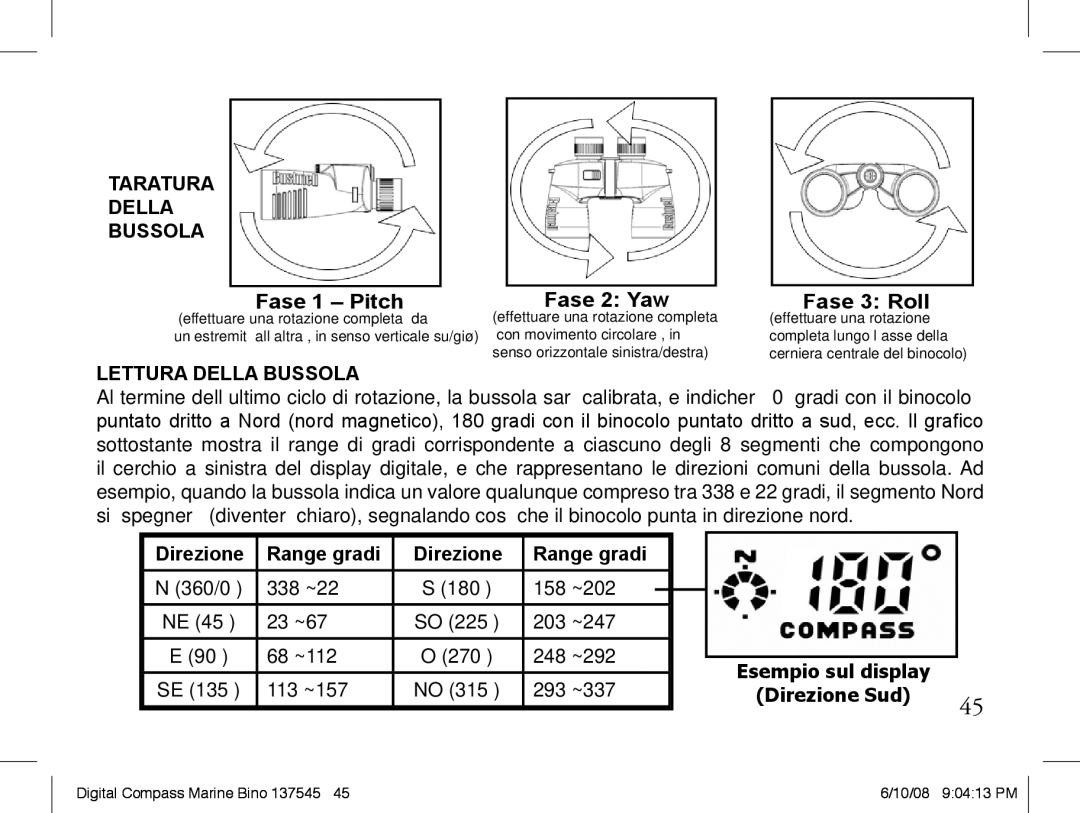 Bushnell 13-7507 instruction manual Taratura Della Bussola, Lettura Della Bussola 