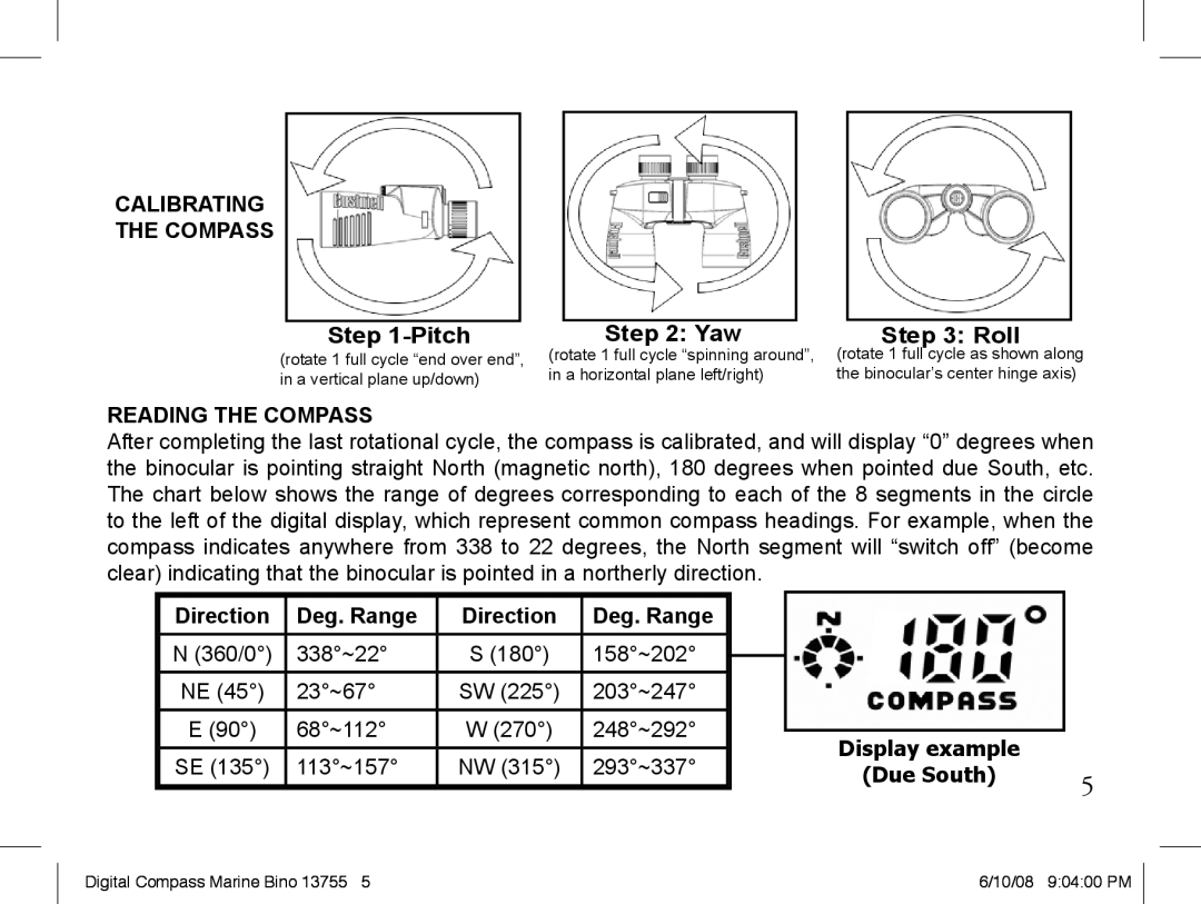 Bushnell 13-7507 instruction manual Calibrating Compass, Reading the Compass 