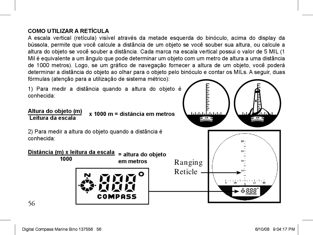 Bushnell 13-7507 instruction manual Ranging, Como Utilizar a Retícula, = altura do objeto 1000 Em metros 