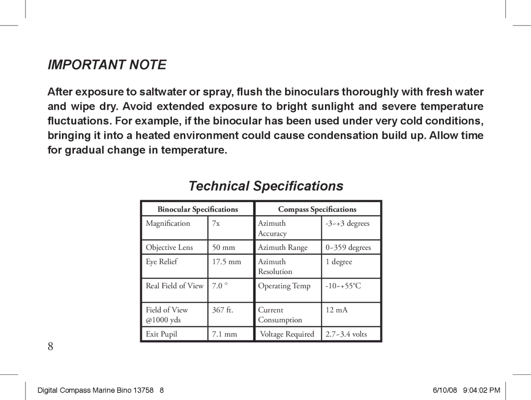 Bushnell 13-7507 instruction manual Important Note, Binocular Specifications Compass Specifications 