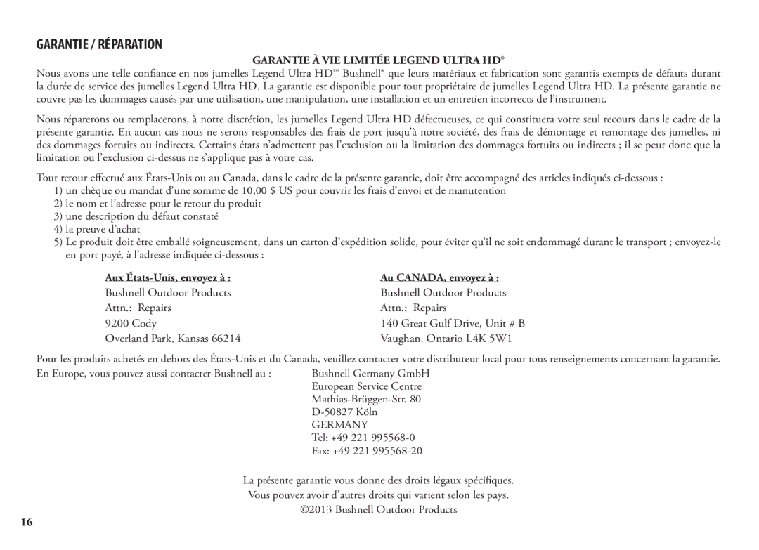 Bushnell 13-Jul, 190125 manual Garantie / Réparation 