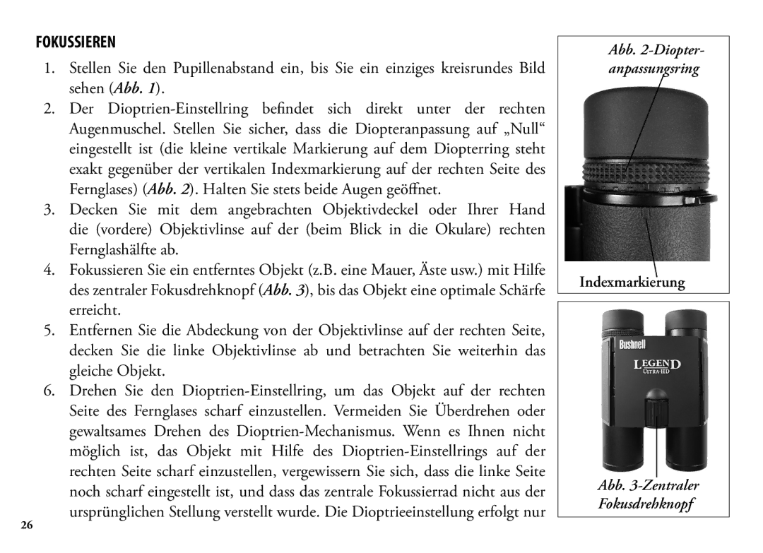 Bushnell 13-Jul, 190125 manual Fokussieren, Indexmarkierung 