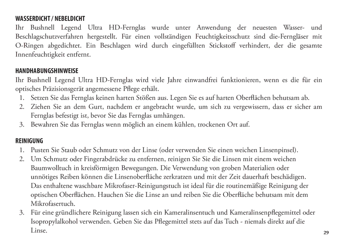 Bushnell 190125, 13-Jul manual Wasserdicht / Nebeldicht, Handhabungshinweise, Reinigung, Linse 