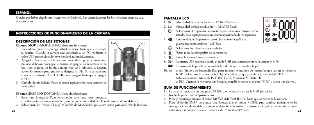 Bushnell 13-Nov manual Español, Instrucciones DE Funcionamiento DE LA Cámara, Descripción DE LOS Botones, Pantalla LCD 