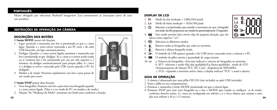 Bushnell 13-Nov manual Português, Instruções DE Operação DA Câmera, Descrições DOS Botões, Display DE LCD, Guia DE Operação 