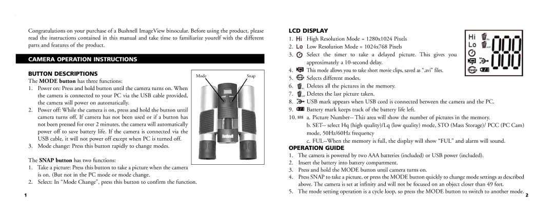 Bushnell 13-Nov manual Camera Operation Instructions, Button Descriptions, Mode button has three functions, LCD Display 