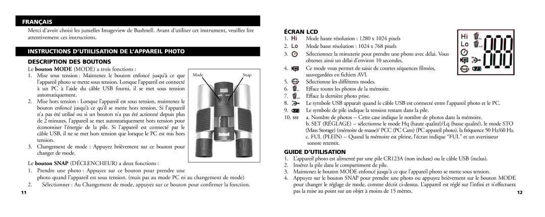 Bushnell 13-Nov manual Français, Instructions D’UTIILISATION DE L’APPAREIL Photo, Description DES Boutons, Écran LCD 