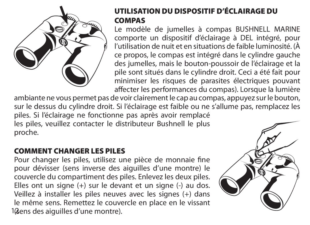 Bushnell 131650, 131225, 131056, 131226, 131054 Utilisation DU Dispositif D’ÉCLAIRAGE DU Compas, Comment Changer LES Piles 