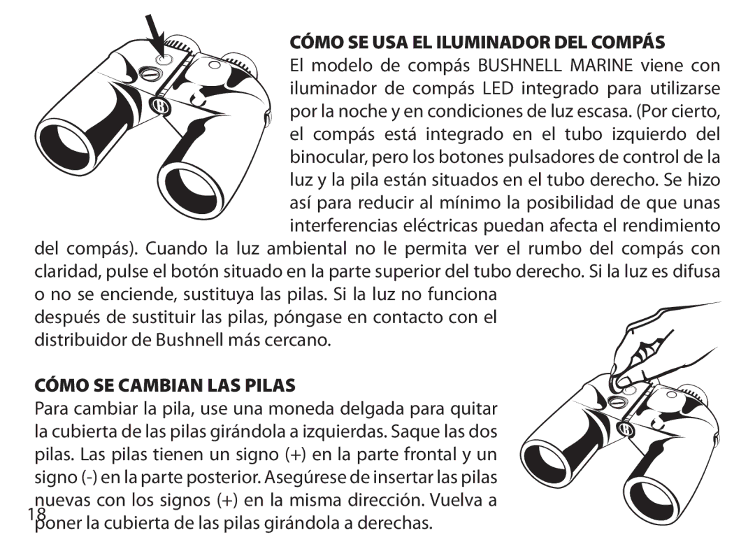 Bushnell 131250, 131225, 131056, 131226, 131054, 175007, 173507 Cómo SE USA EL Iluminador DEL Compás, Cómo SE Cambian LAS Pilas 