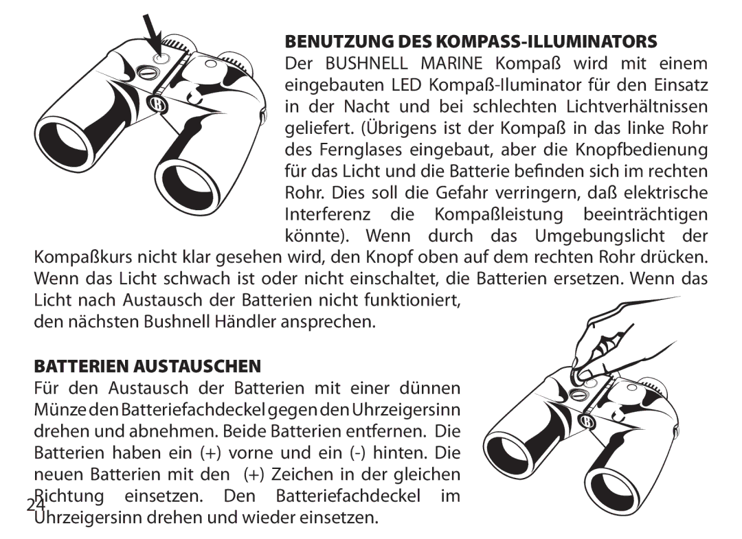 Bushnell 132516, 131225, 131056, 131226, 131054, 131250, 175007 Benutzung DES KOMPASS-ILLUMINATORS, Batterien Austauschen 